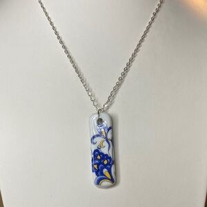 Hand-Painted Blue & Yellow Floral Porcelain Pendant Necklace